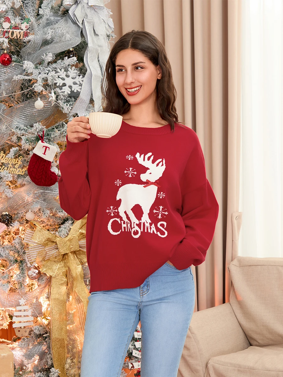 Women s Christmas Sweaters Reindeer Letter Bow Long Sleeve Round Neck Ribbed Knitted Tops