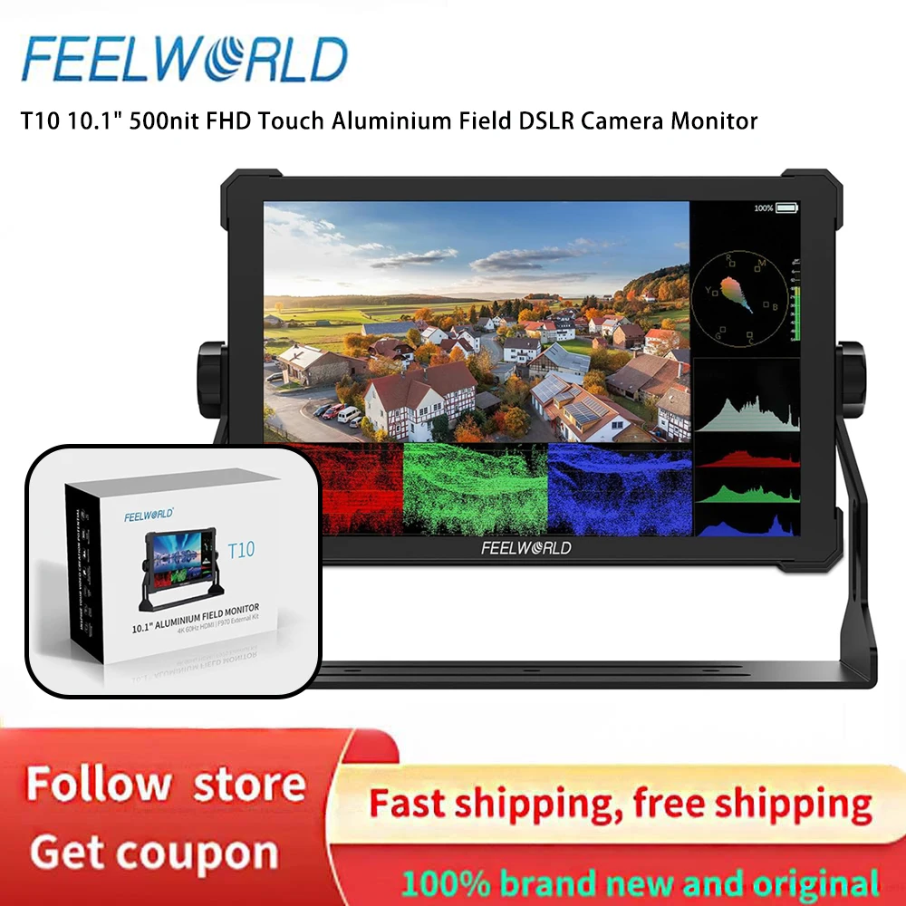 FEELWORLD T10 On-Camera DSLR Monitor FHD 500nit 4K HDMI Input Output HDR 3D LUT Waveform FOR Videographer Creator