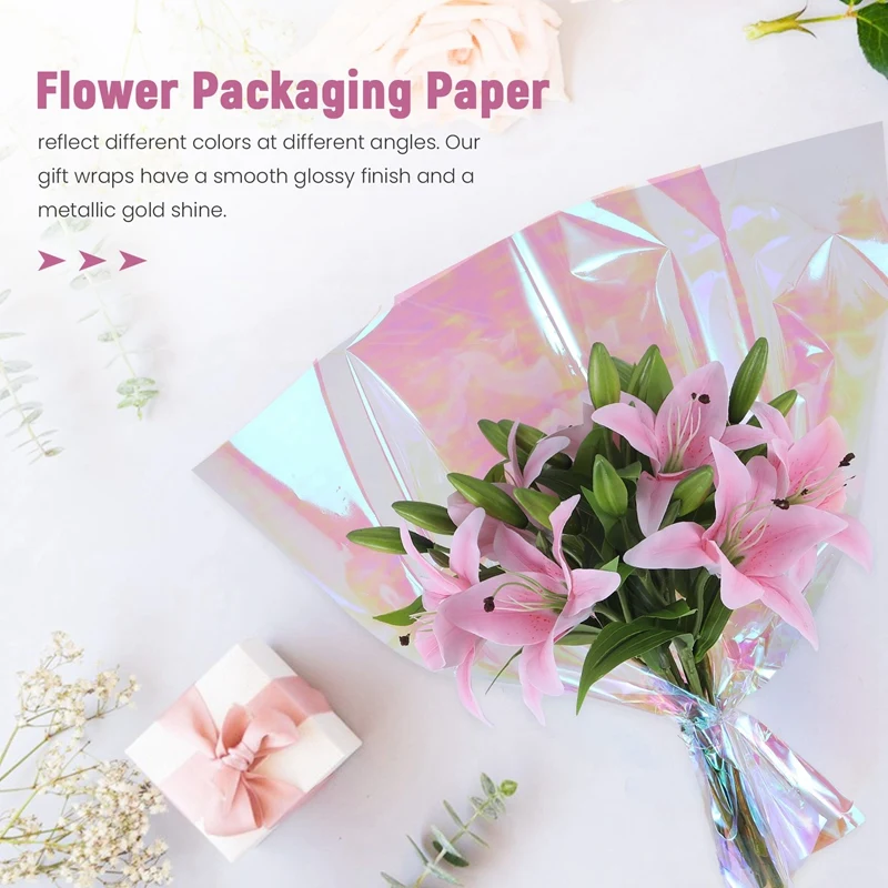 20 Pieces 59 Cm X 57 Cm Cellophane Wrap Paper Iridescent Film Gift Wrap Rainbow Flower Wrapping Packaging Paper Come