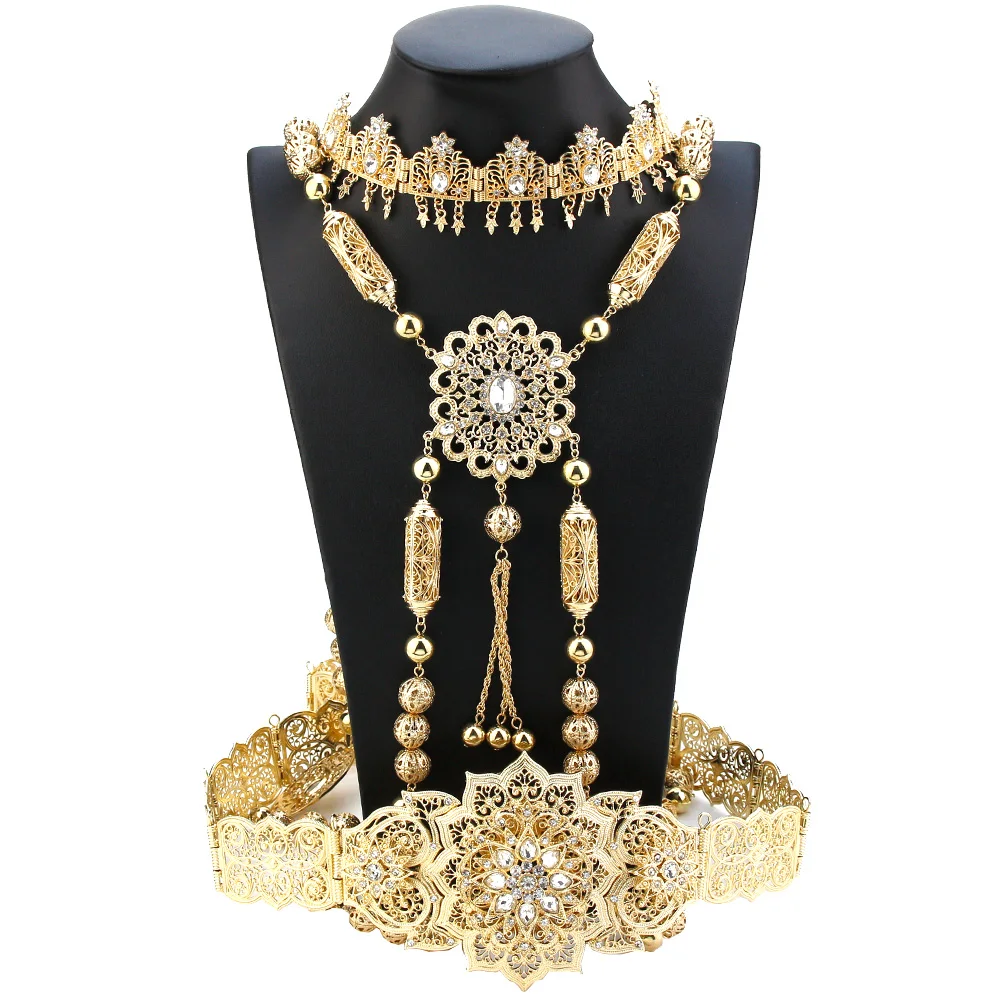 Gold Color Moroccan Caftan Belt Shoulder Chest Chain Women Forehead Chain Algeria Hairchain Wedding Bijoux Bride Jewerly Sets