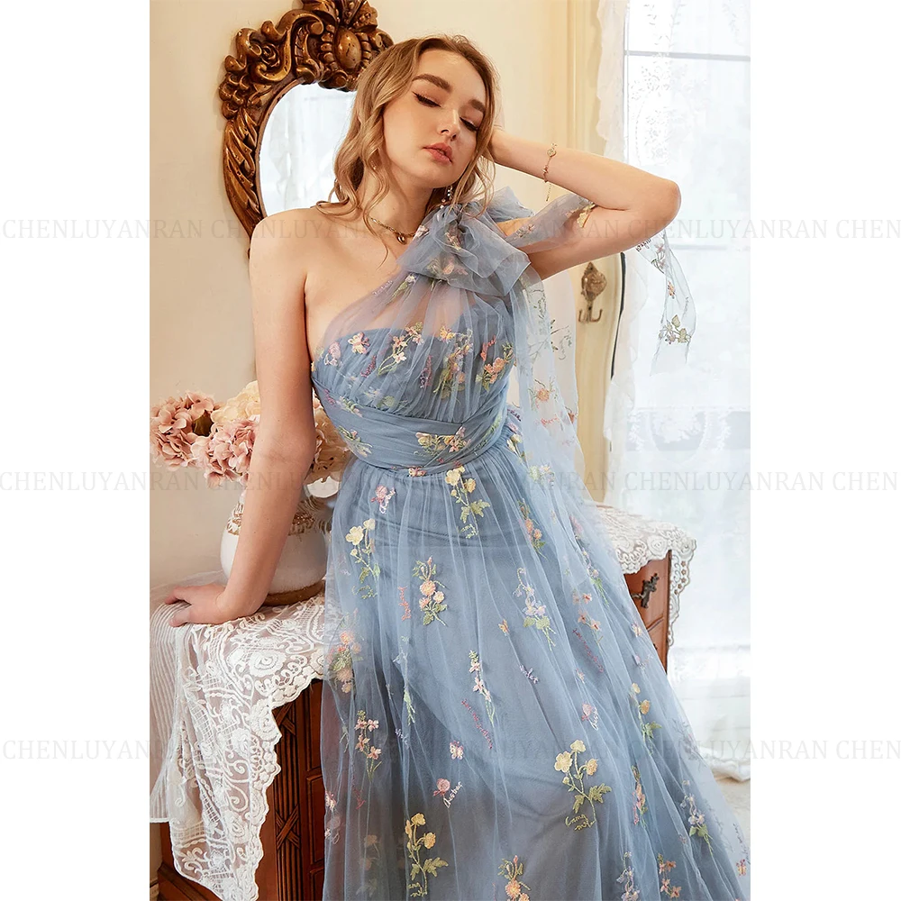 

Molisa Exquisite Flower Prom Evening Dress 2025 Customized A-Line One Shoulder Grey Blue Party Ball Gown Embroidery Sleeveless
