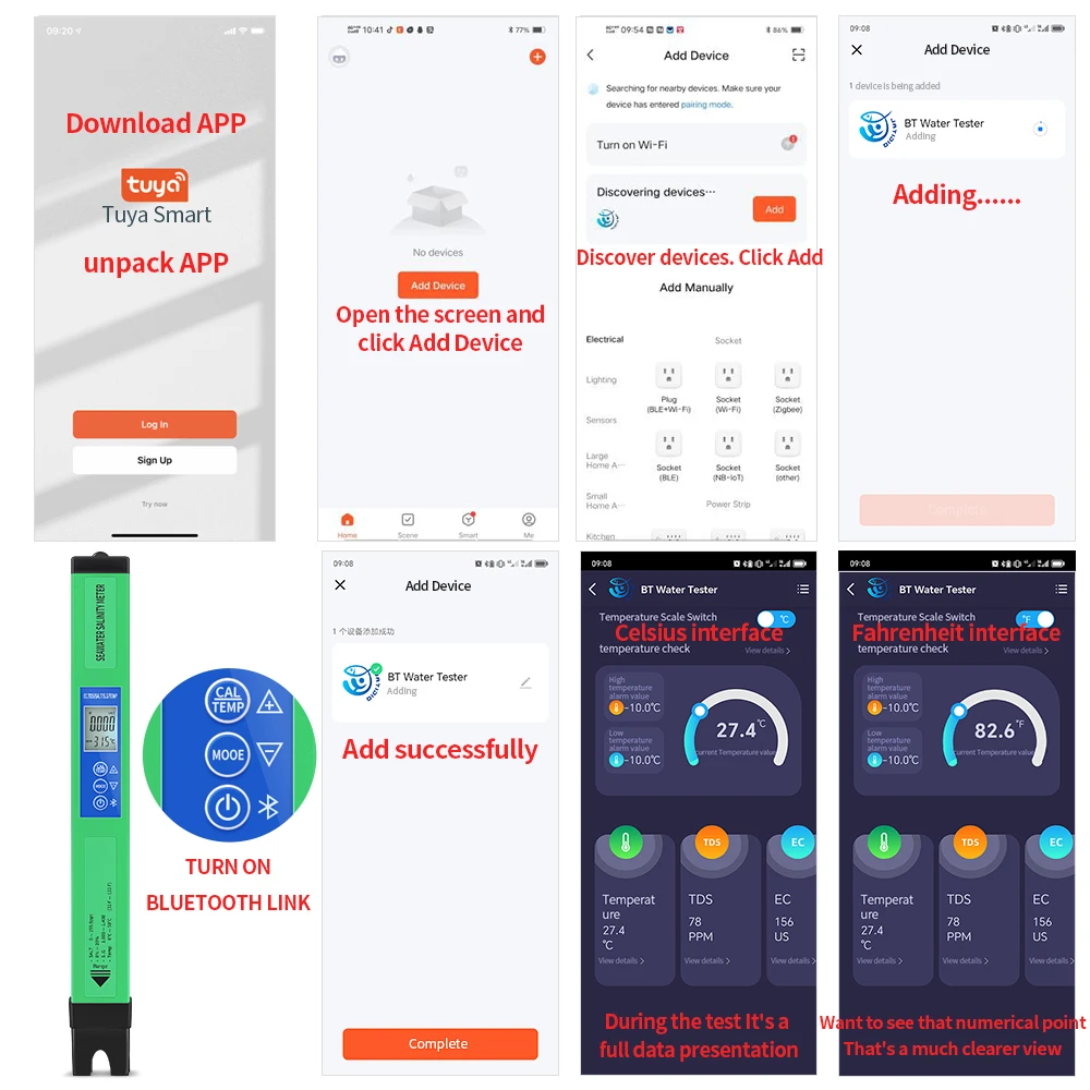 

5 in 1 Water Quality Tester Pen Digital EC TDS SALT SG TEMP PH Tester Bluetooth APP Control for Drinking Water Laboratory Pool