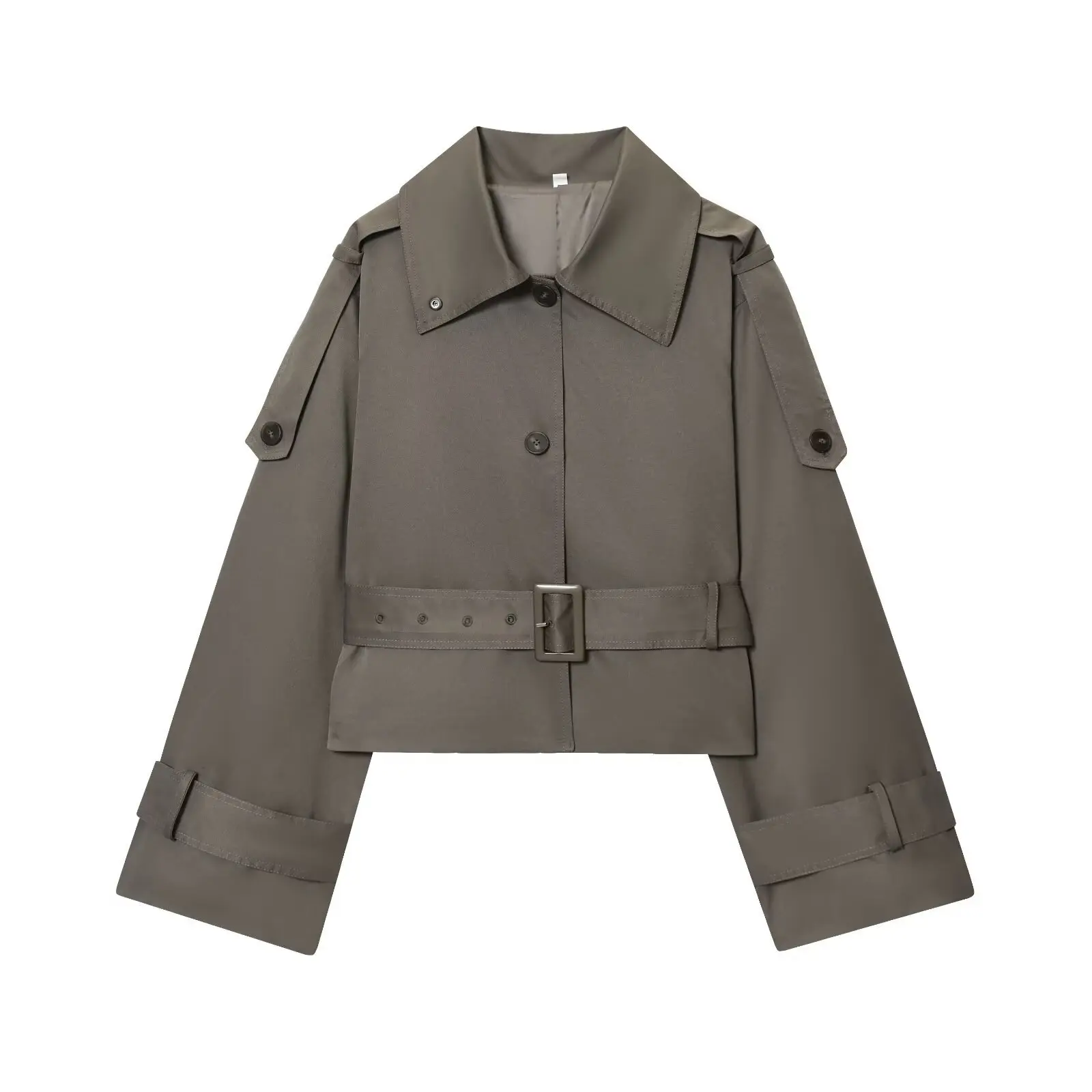 Taupe Cropped Trench Coat Lapel Collar Shoulder Epaulets Buttons Adjustable Buckle Waist Belt Strap Cuff Loose Vintage Outerwear