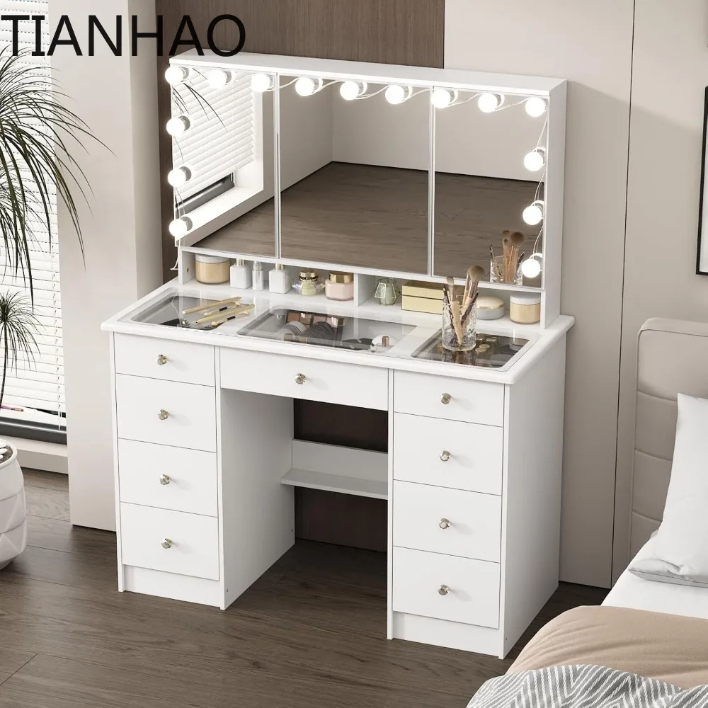 luxurious large makeup vanity desk with glass top, mirror, and led bulb lights, featuring 9 storage drawers