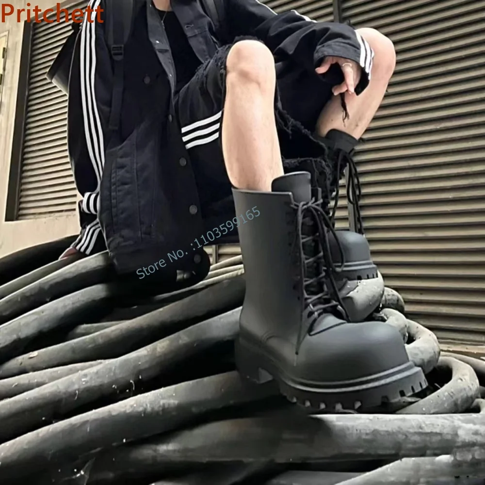 Thick Soled Mid Calf Boots Round Toe Solid Black Platform Cross Lace Up Sewing Leisure Shoes Spring Concise Comfortable Shoes
