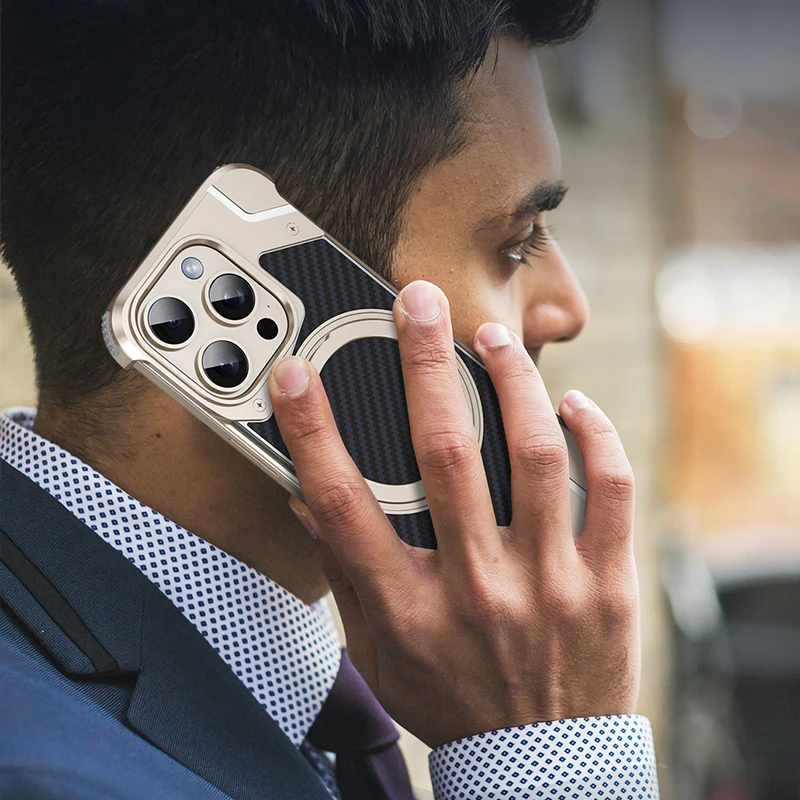 for iPhone 16 Pro Max, 360° Rotation Kickstand Shockproof Bumper Armor Aluminum Alloy Carbon Fiber Magnetic Metal Case