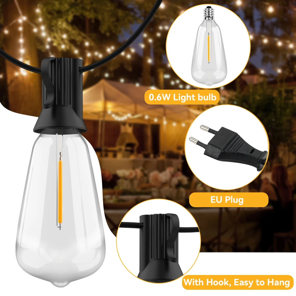 Outdoor String Lights  32FT 65FT 100FT Shatterproof ST38 Edison LED Bulbs Hanging Outside Light for Patio Yard Porch Deck Garden