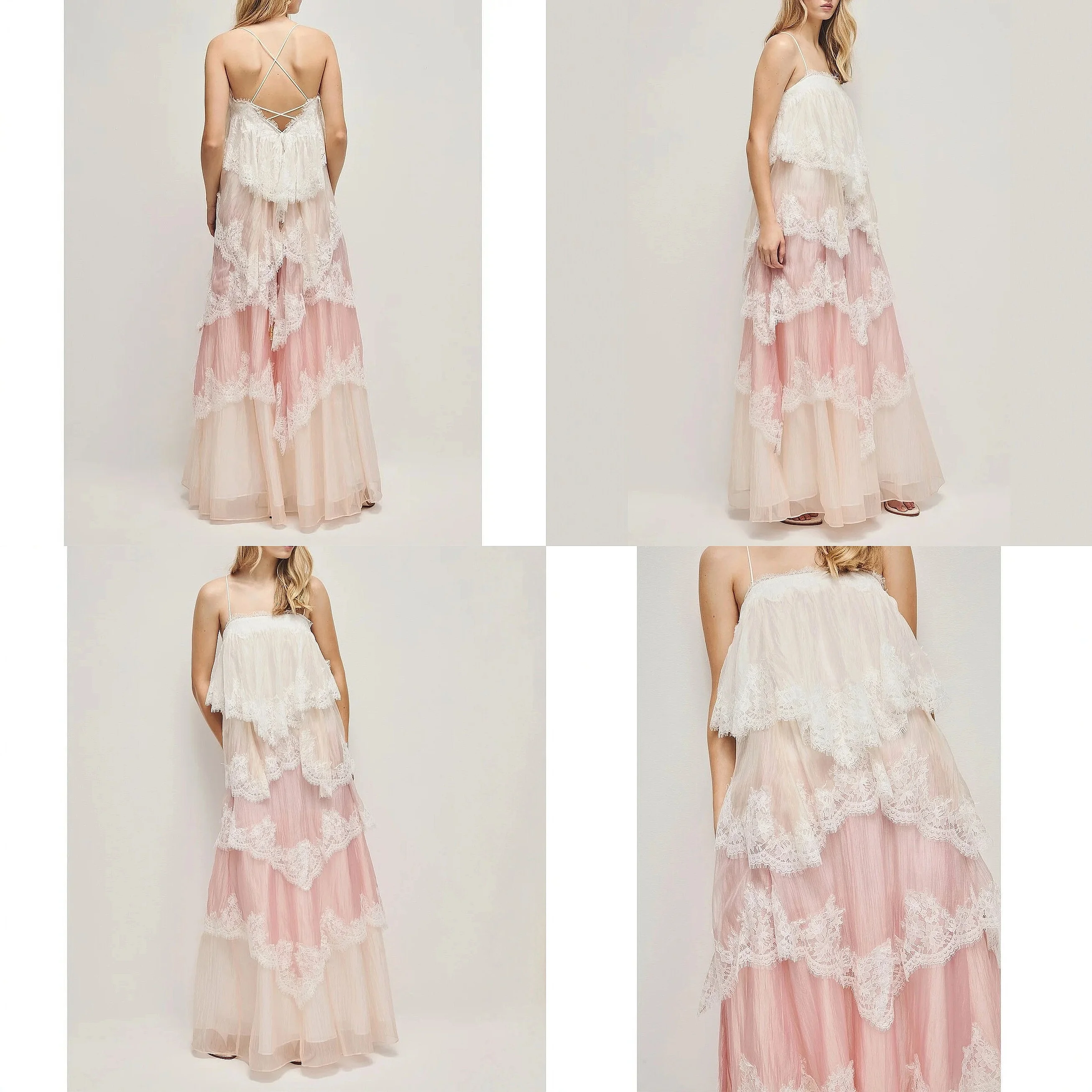 

French Vintage Lace Gradient Camisole Long Dress Spring Summer Floral Maxi Dress Elegant Layered Ruffle Dress