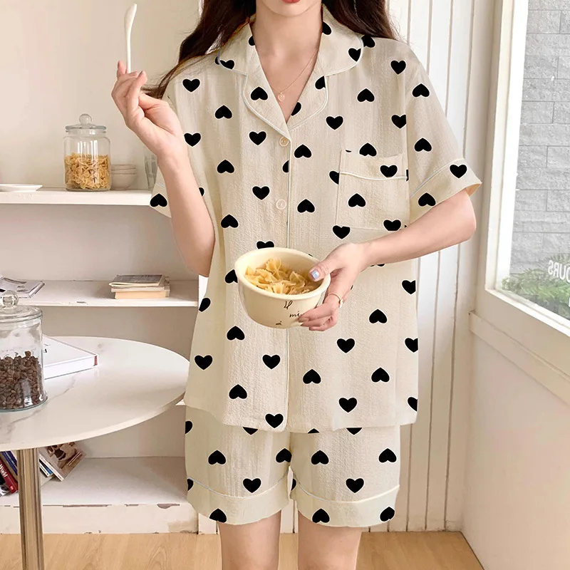 Summer Ladies Cloud Cotton Pajamas Loungewear Set Love Print Girl Short Sleeve Shorts Ins Casual Can Be Worn Outside Pajama Set