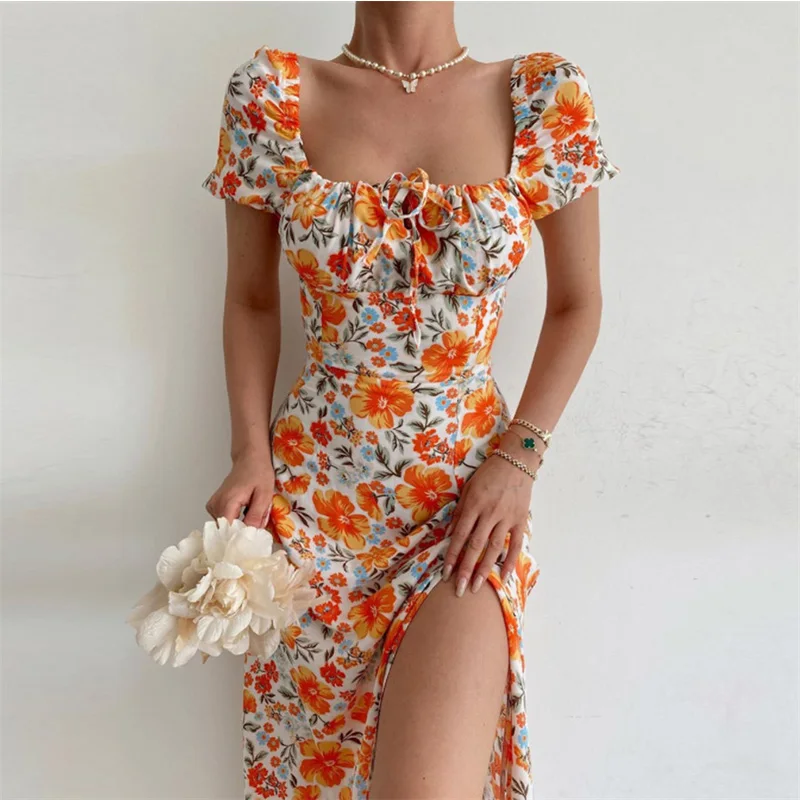 Summer Sun Dress Boho Off spalla collo quadrato manica corta stampa floreale Bodycon fessura abiti donna eleganti abiti da vacanza