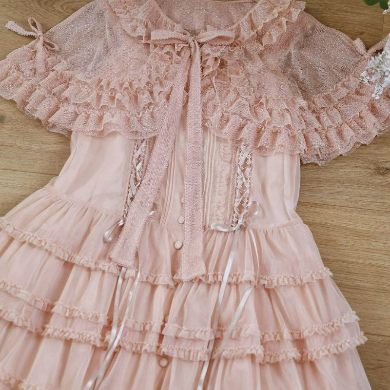 Summer Sweet Lolita Short Shawl Coats Women Kawaii Ruffles Lace Mesh Bow Open Front Poncho Vintage Elegant Princess Capes Wrapa view 3