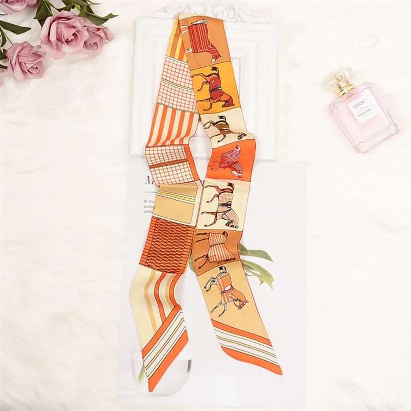 2024 New Skinny Brand Scarf Silk Scarf For Women Paris Horse Print Long Bag Scarf Handle Bag Ribbons Head Scarves Wraps