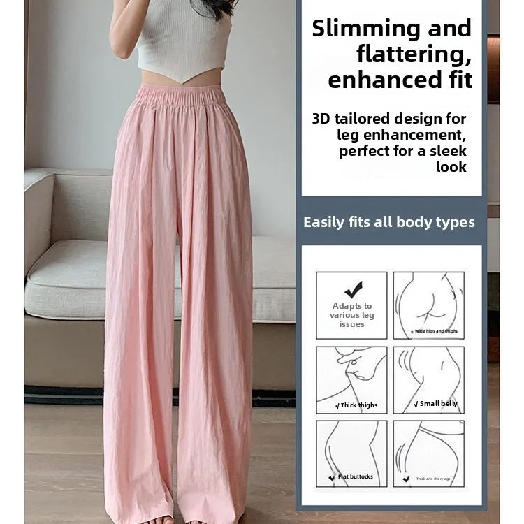 Pantalon à jambes larges en coton et lin pour femmes, été, soie glacée fine, Protection solaire, taille haute, Texture plissée, drapé, pantalon Sengben rose décontracté