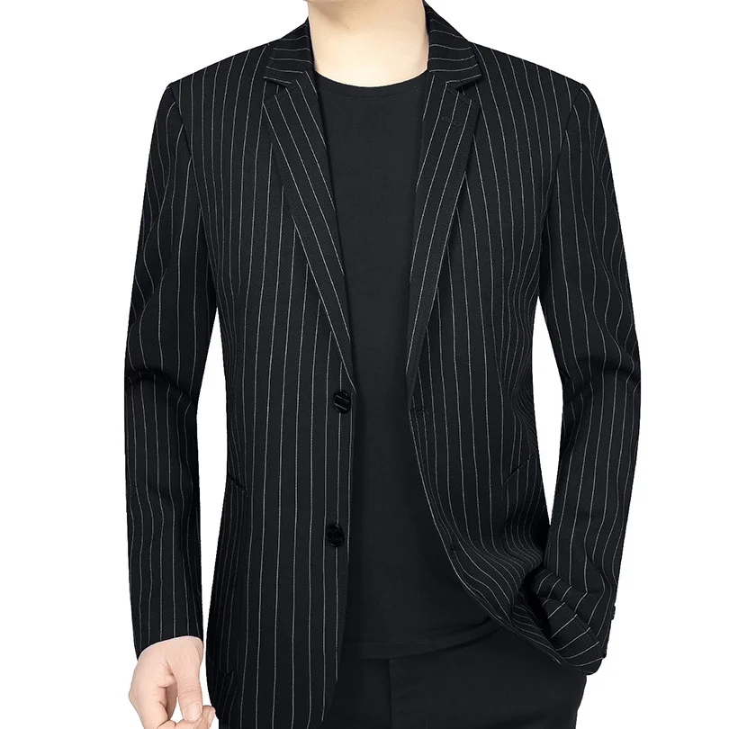 Spring Autumn Men Blazer Thin Striped Turn Down Collar Male Suit Coat Breathable Long Sleeve Pocket Versatile Man Outerwear