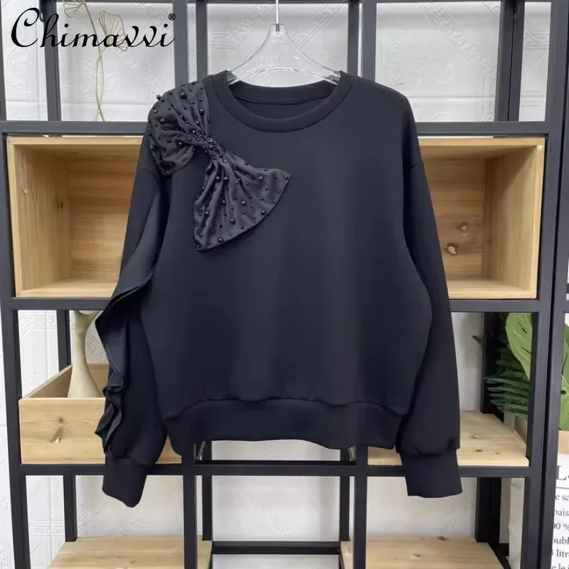 

European 2024 Autumn New Design Shoulder Spell Bow Fungus Edge Sleeve Loose Round Neck Space Cotton Sweater For Women