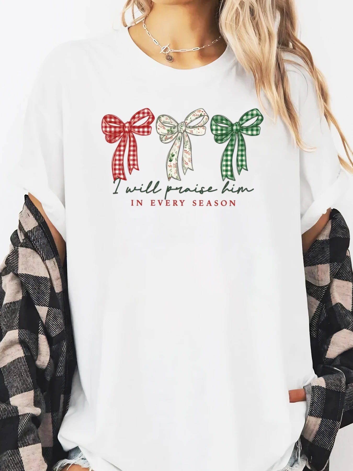 

Christmas Bow I Will Praise Him In Every Season Print T-shirt Women Casual Holiday Outfit White Plus-size