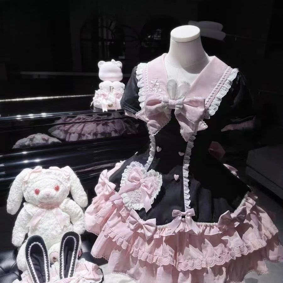 Japanisches Gothic-Lolita-Kleid im süßen Kawaii-Harajuku-Stil mit Rüschenkante und Spitze, Prinzessinnenkleid, geeignet für Cosplay-Partys