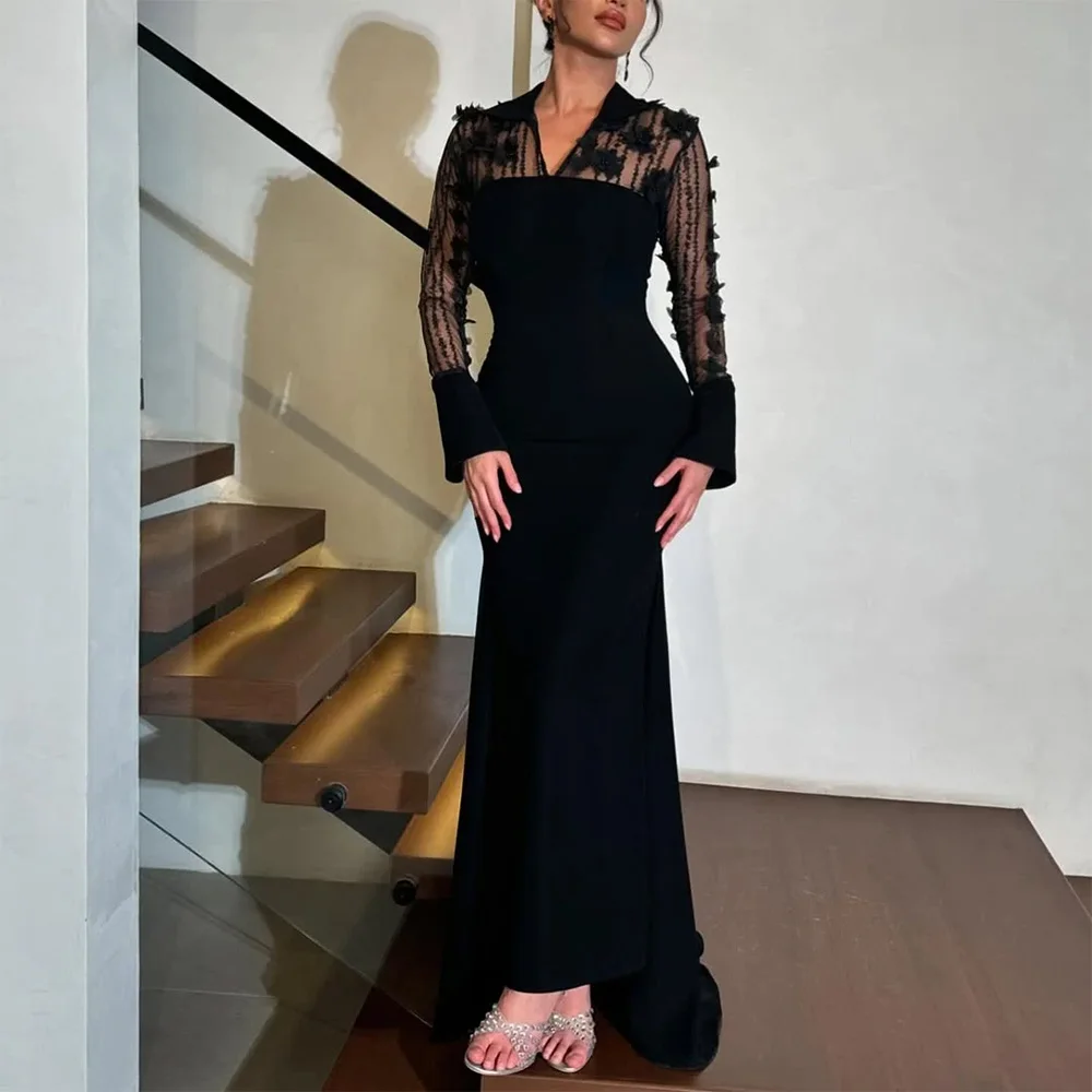 

Black V-Neck Mermaid Long Sleeves Evening Dress Elegant Zipper Back Celebrity Gowns Delicate Flowers Sweep Train Party Dress