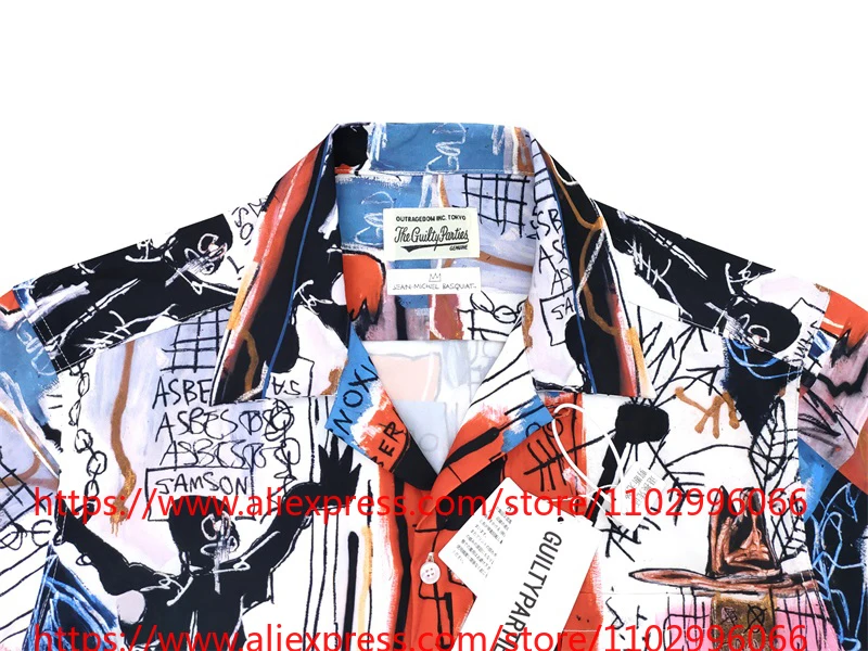New WACKO MARIA Men's Graffiti Art Print Short Sleeve Hawaiian Camp Collar Shirt Loose Casual Cardigan Button Top