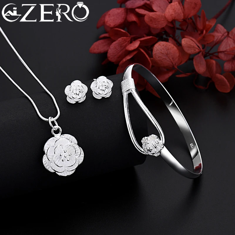 Fine 925 Sterling Silver Charm Flower Necklace Earring Bangle Jewelry for Women Retro Set Wedding Gift TRENDY Lovely