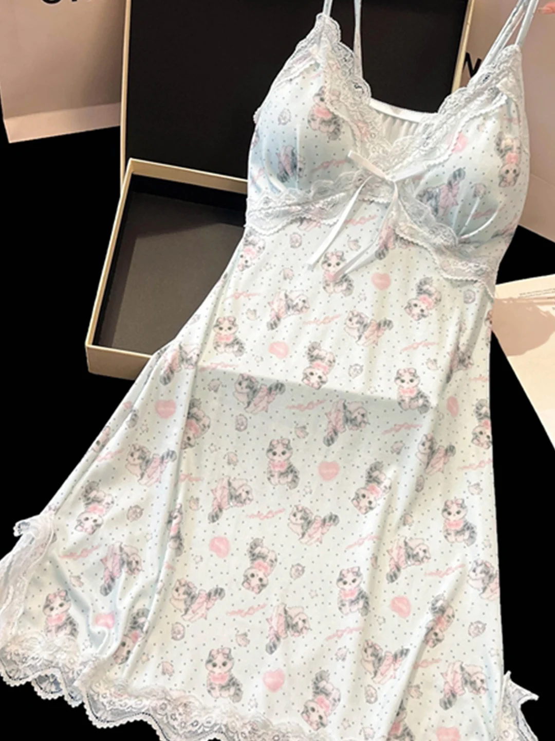 Ice Silk Strapless Nightgown Women's Summer Sexy Lace Trim Polka Dot  Print Sleepwear Home Clothes with Chest Pad