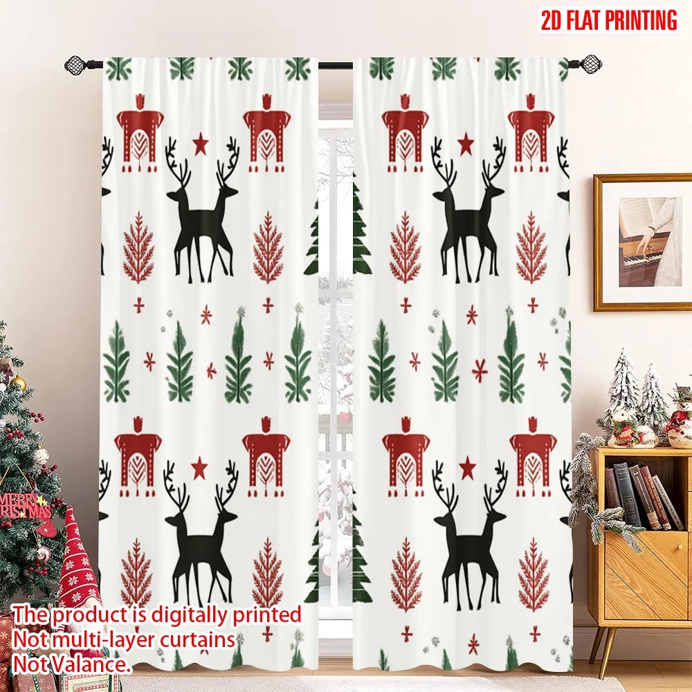 

2pcs 2D flat printing Christmas Scene Curtain Deer Christmas Trees Polyester Without Electricity Birthday Party Perfect for