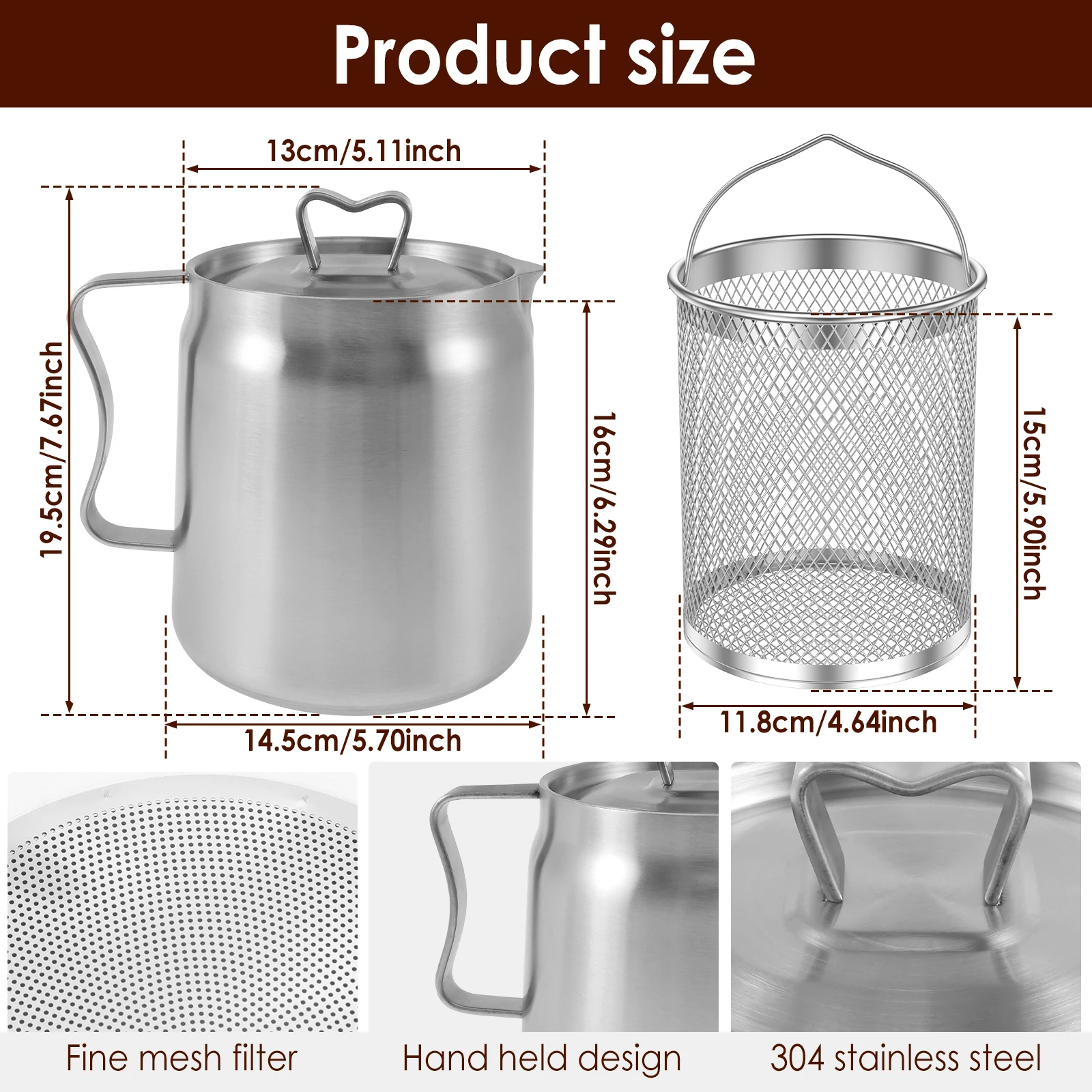 2/1.5L Oil Filter Fry Basket Oil Storage Can Pot Stainless Steel Oil Strainer Pot with Fine Mesh Strainer Grease Container Kitch