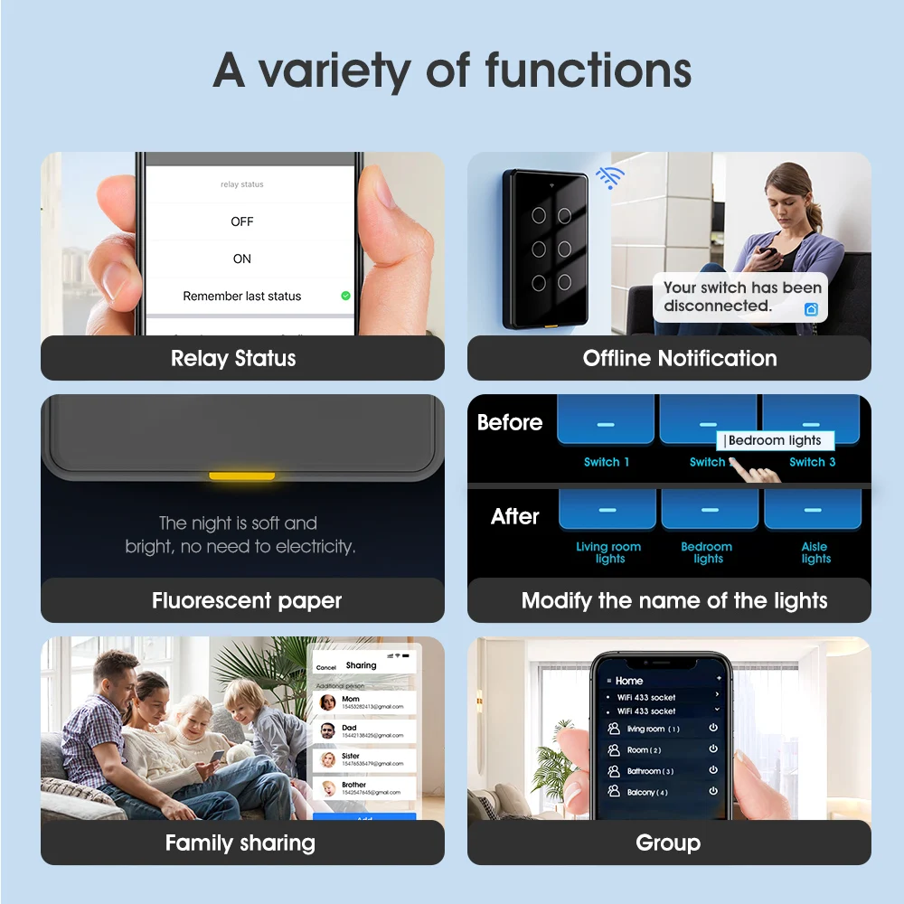 Cerhot-Joli Mural Tactile Sans Fil pour Maison Intelligente, Wifi RF433 US, 110-240V, Type-C, Synchronisation 6Gang, Prise en Charge d'Alexa et Google Voice