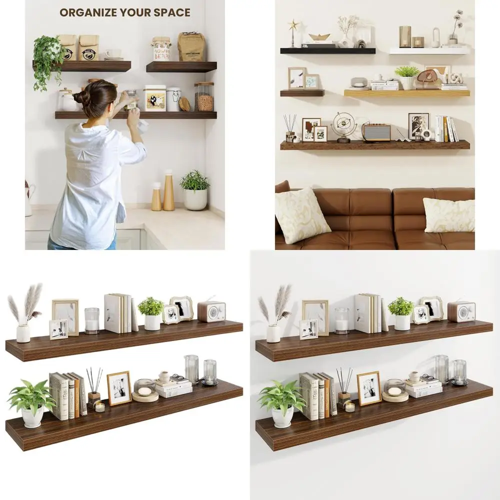 

Set of 2 55 Rustic Floating Wooden Shelves with Hidden Brackets for Home Decor in Walnut