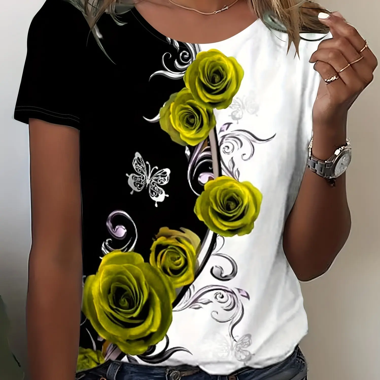 Elegant And Fashionable Colorful Rose Flower Print Round Neck Women\'s T-shirt Summer Versatile And Refreshing Y2K T-shirt