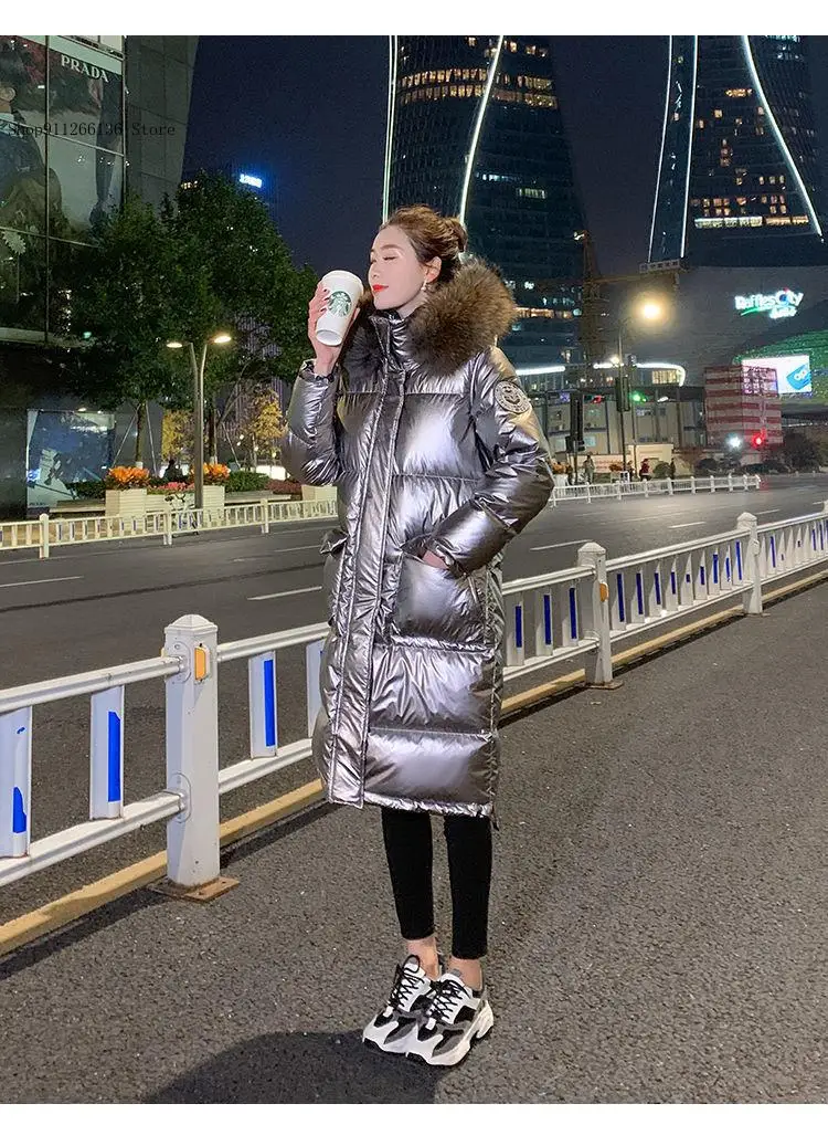 Women\'s Long Casual Silver Down Jacket Winter Warm Thickened Hooded Fur Collar Decoration