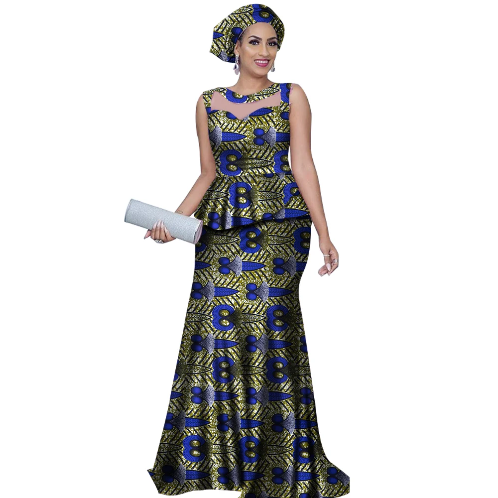 Women Top and Mermaid Skirt Sets with Headtie Bazin Riche African Print Dresses for Women 2 Pieces Skirts Sets Clothing WY2812