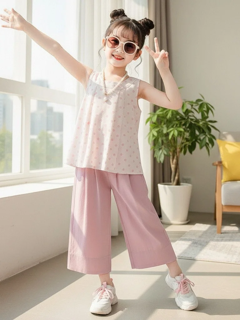 

Girls Summer Vest Set Sleeveless Wide Leg Pants Two Piece Suite Sweet Children's Clothing 2026 New Style mid to Large Kids