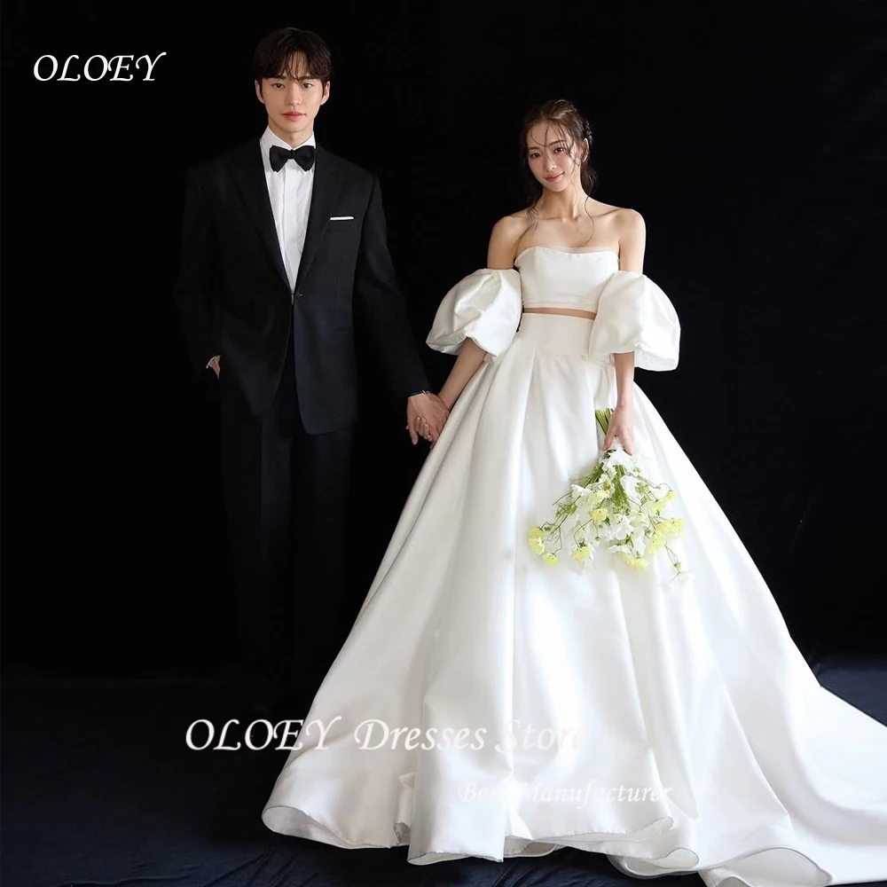 

Elegant Sweetheart White Korea Evening Dresses Strapless Wedding Photos Shoot Princess Satin Prom Party Gowns Customized
