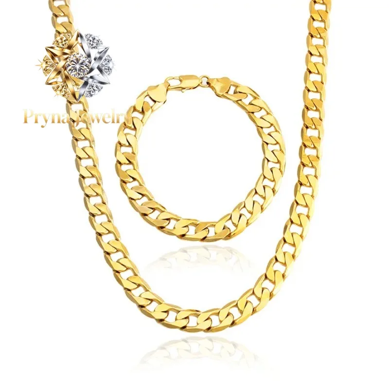 

Pryna Jewelry Luxury 24K 9999 Pure Gold real gold Men's Figaro Bracelet 10MM Necklace