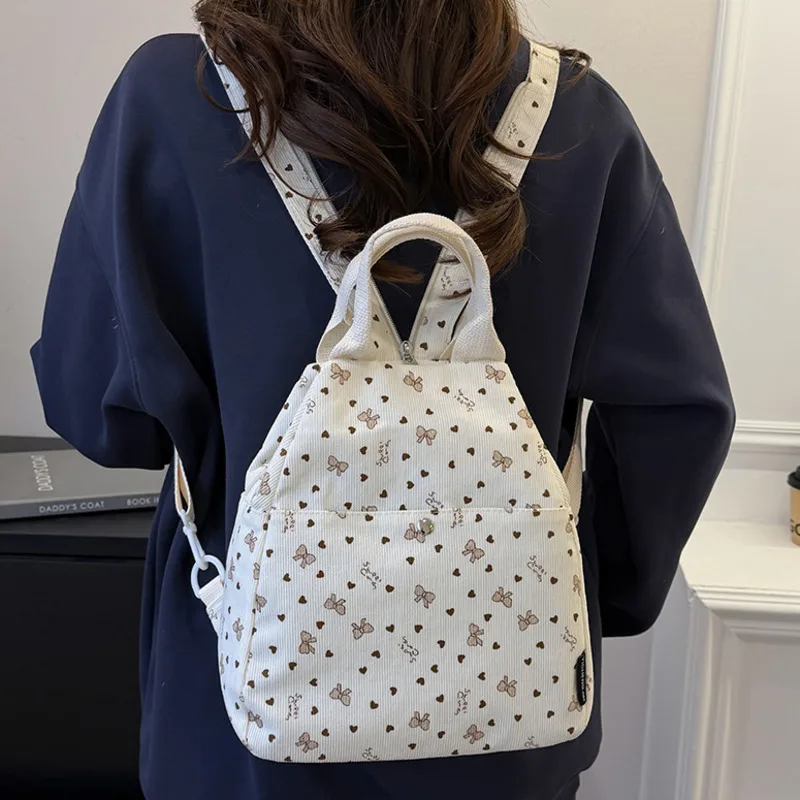 Lightweight Beige Bow Heart Print Corduroy Large Capacity Convertible Backpack Shoulder Bag For Women Daily Commute School