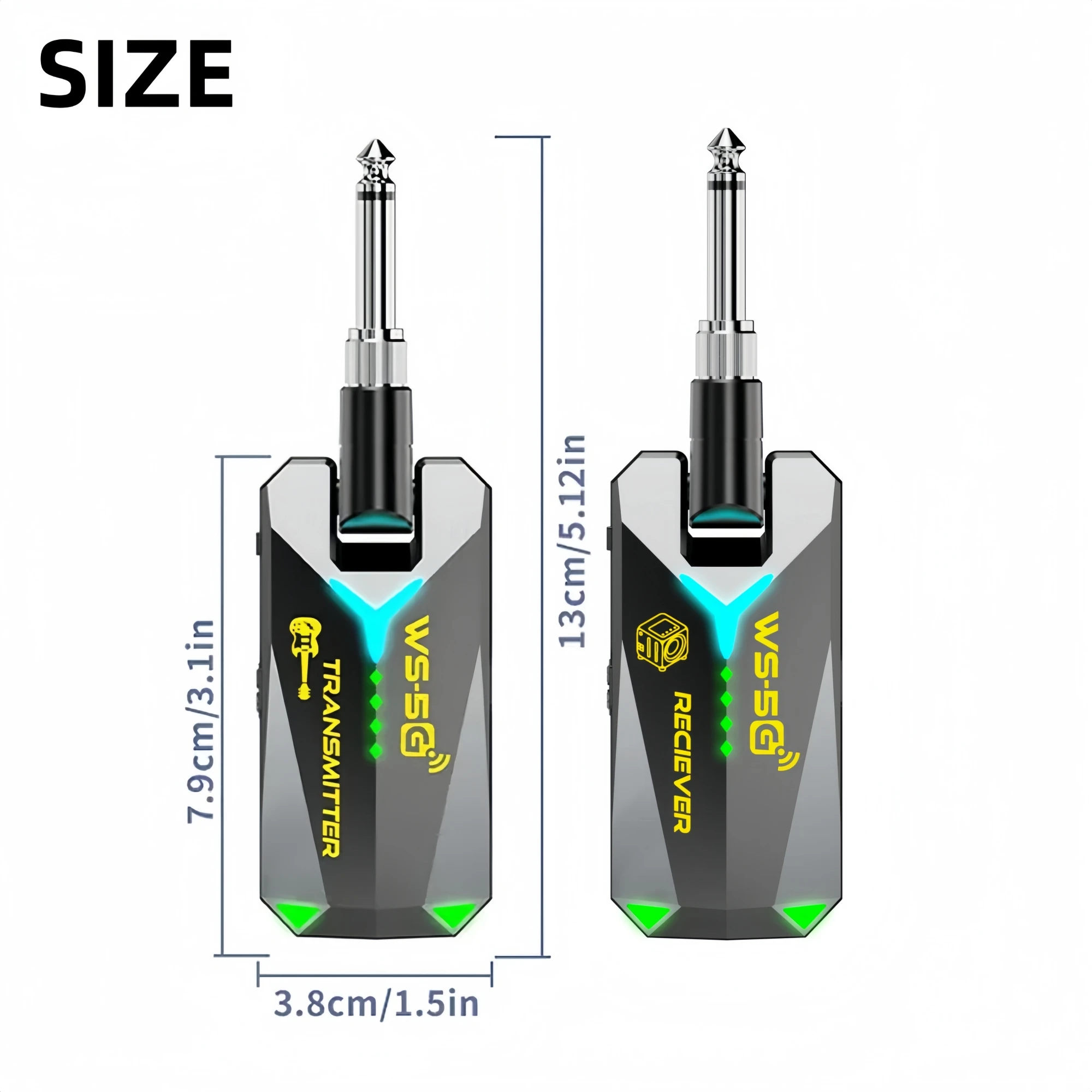 JAMJUM WS-5G 5.8GHz Wireless Audio Transmitter Receiver No Pairing Required 3.5mm & 6.35mm Rotatable Jack for Guitar Bass