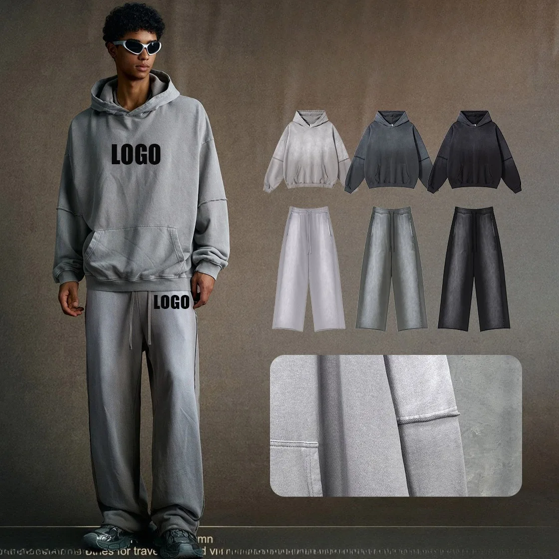 Custom Men's 2025 Autumn 370G Heavy 100% Cotton Retro Spray Ma Liu Sweater Old White Casual Pants Set