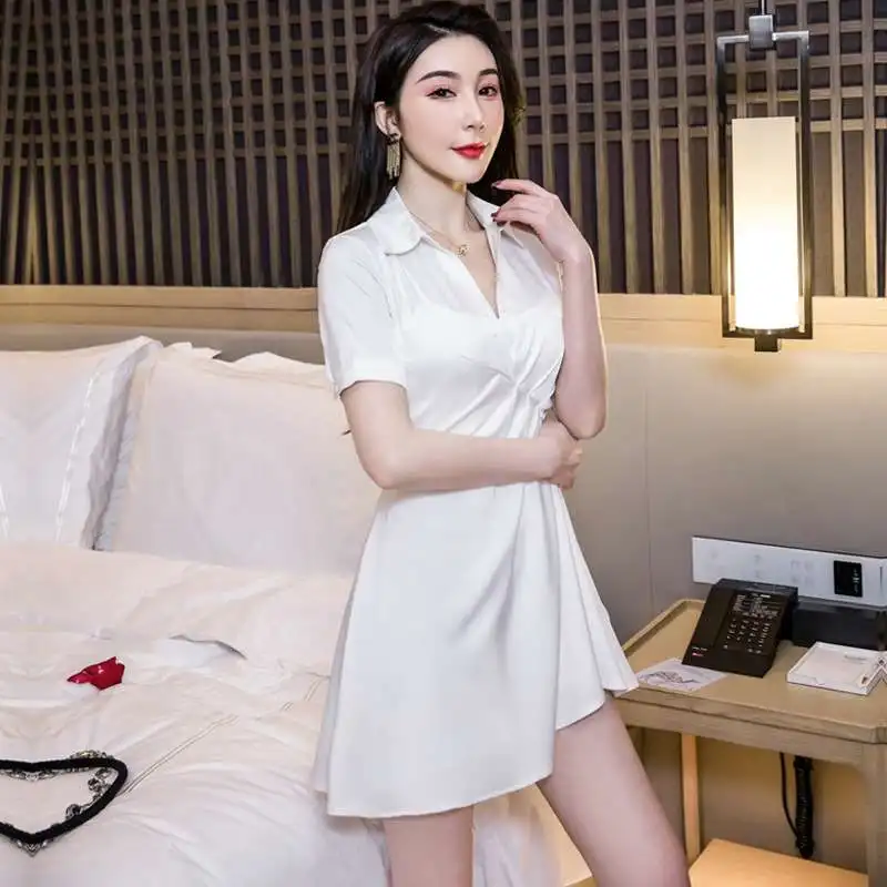 NAN Letnia Biała Satynowa Spódnica Damska Elegancka z Dekoltem Ollar, Wysoki Stan, Do Pracy, Gładka, z Nieregularnym Dołem