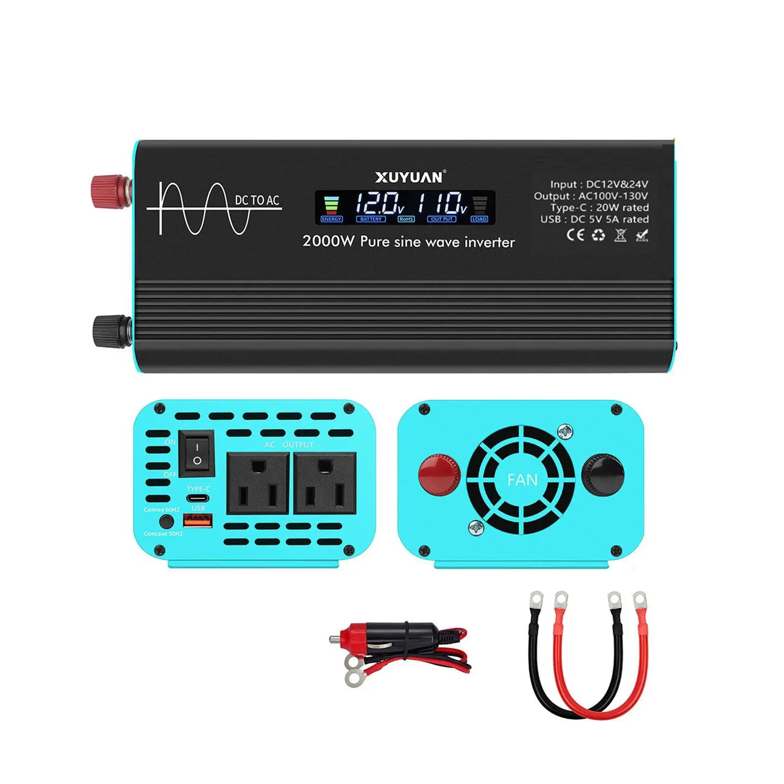 XUYUAN 12V/24V To 110V Pure Sine Wave Inverter, US Plug, Specification: 2000W