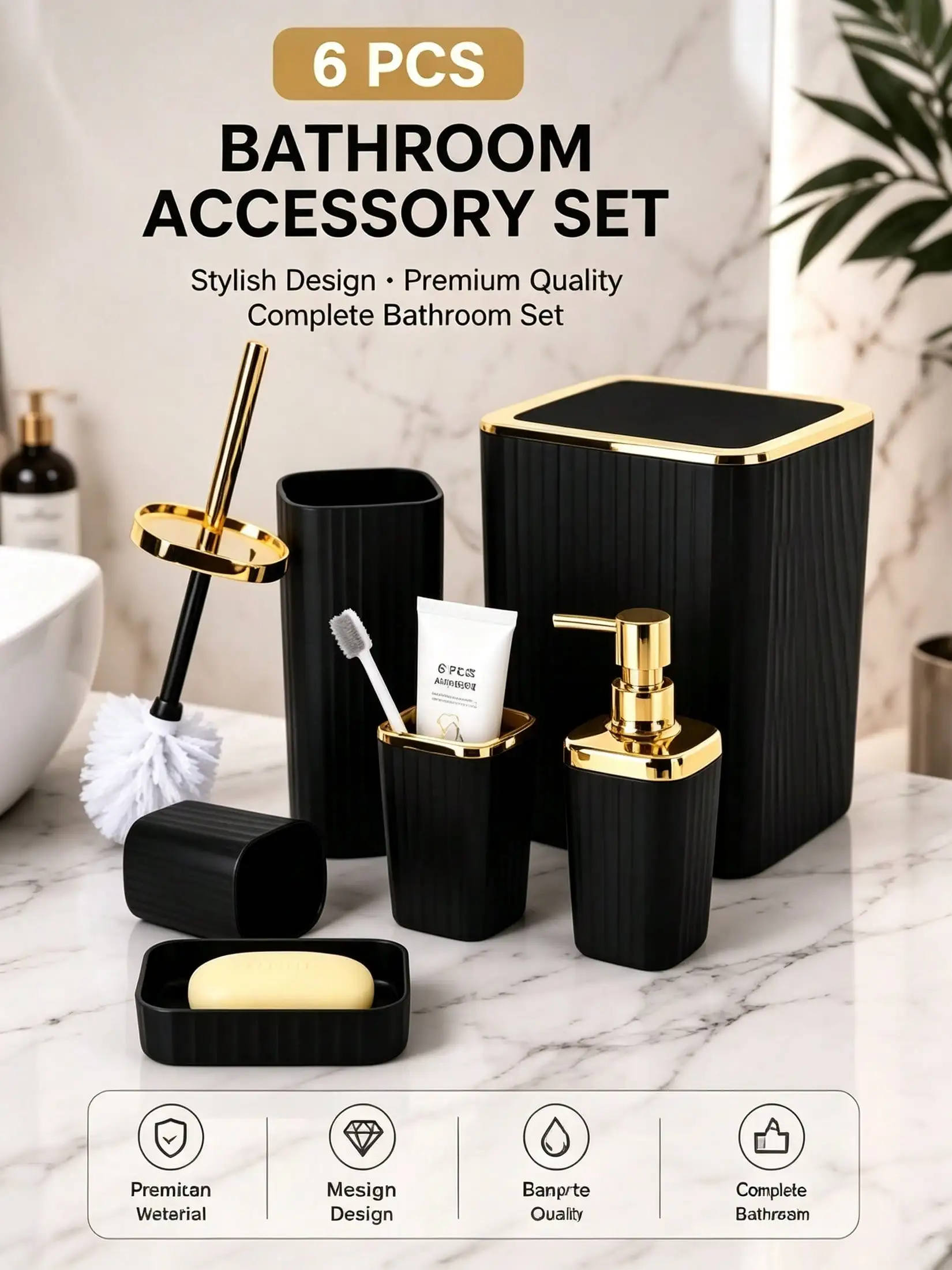 6-Piece Black & Gold Bathroom Accessories Set, Modern Ribbed Design, Soap Dispenser, Toothbrush Holder, Tumbler Cup, Soap Dish, Toilet Brush & Waste Bin  sh260830155913582262932