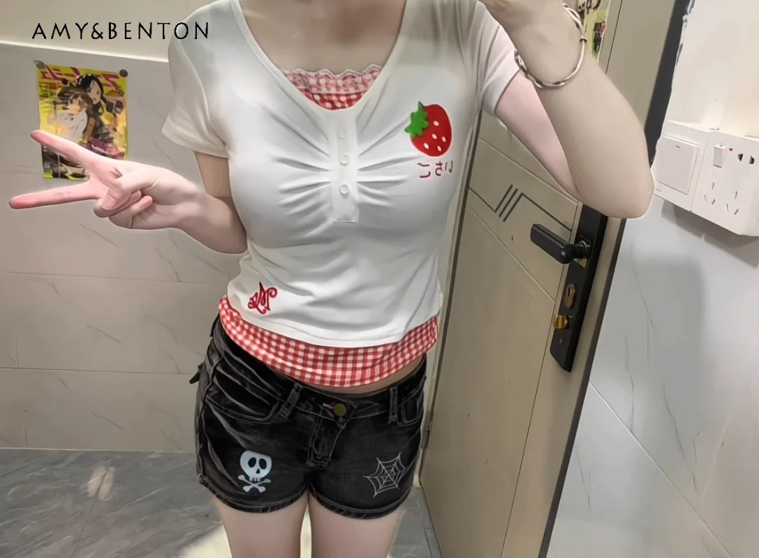 

Original and Fake Two-piece Design Short-sleeved T-shirt Women's Summer Short Plaid Splicing Contrasting Slim-fit Top