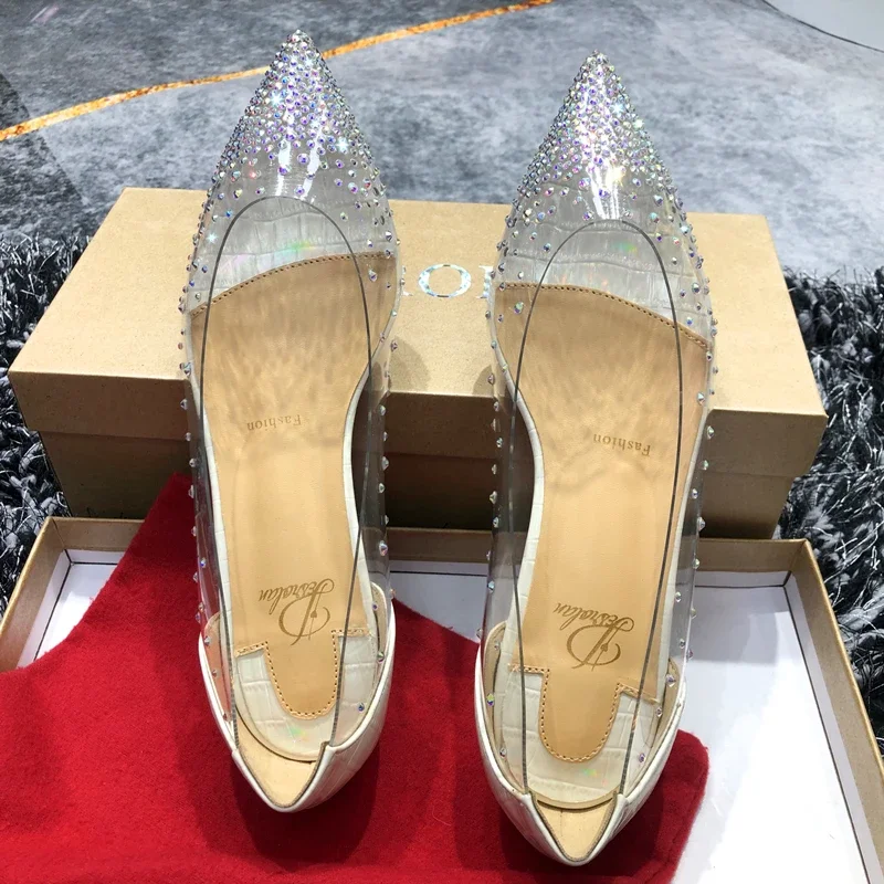 In 2024, the new rhinestone flat shoes transparent pointed crystal shoes shallow shoes Joker women\'s shoes go out.