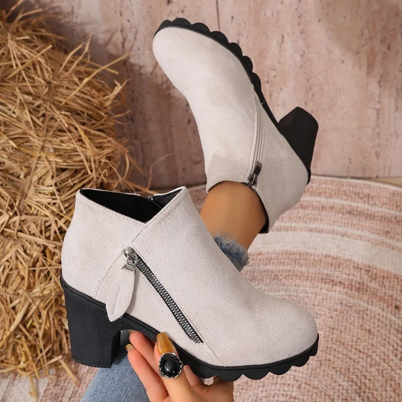 Spring and Autumn Women's Solid Color Vintage Side Zipper High Heel Ankle Boots New Women Fashionable Anti Slip Ankle Boot