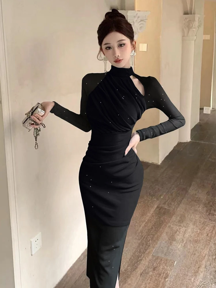 Mode Dame Mesh Sprankelende Avond Lange Jurk Vrouwen Kleding Elegante Holle Sexy Lange Mouw Skinny Party Prom Mujer Vestidos Gewaad