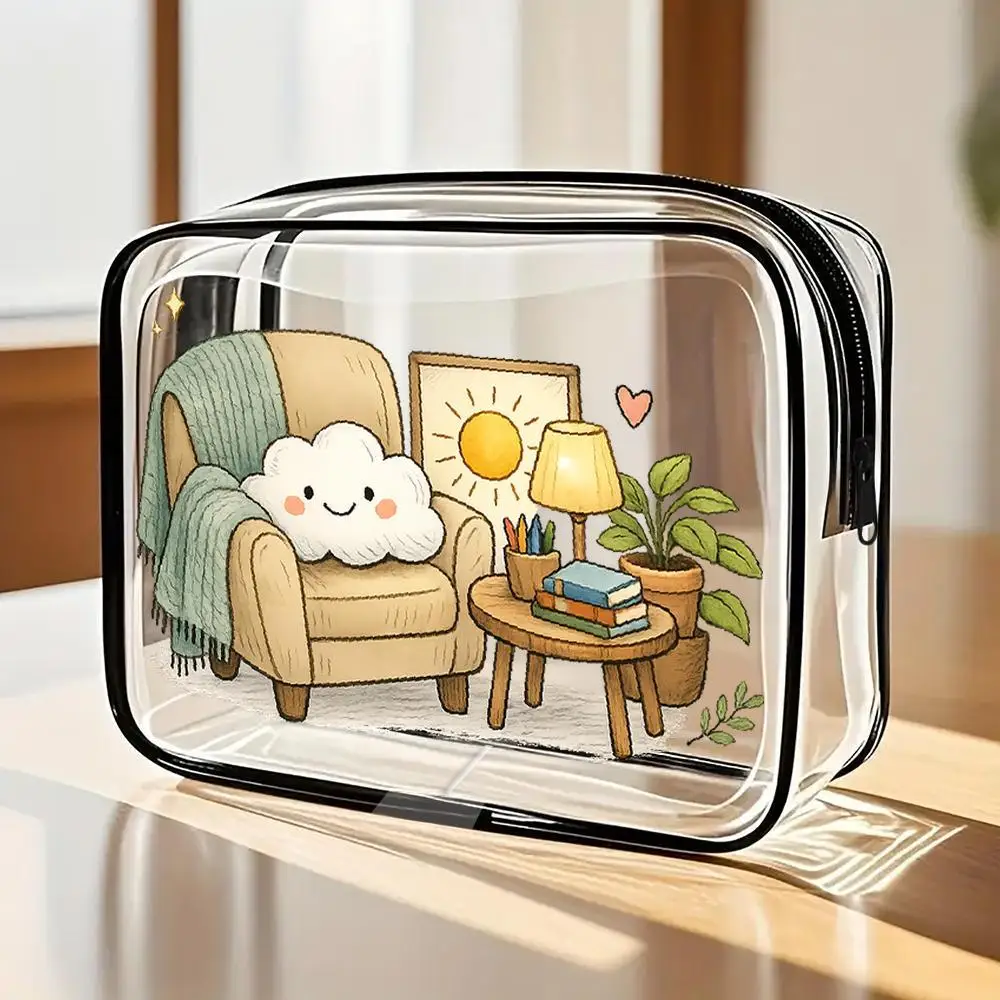 Toilet Bag Smiling Cloud Armchair Potted Plant Clear PVC Cosmetic Bag Kawaii Cozy Style Zippered Portable Pouch Travel Daily U