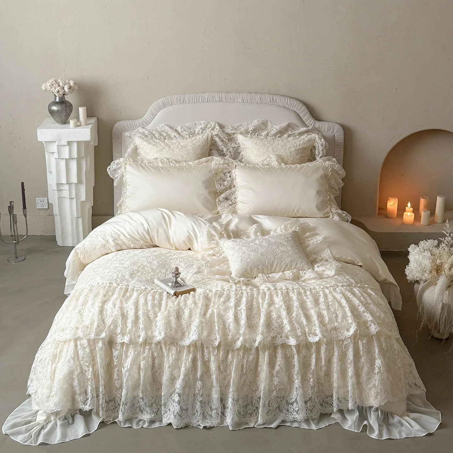 Beige Egyptian Cotton Princess Bedding Set Luxury Lace Embroidery Duvet Cover Sets Bed Sheet Pillowcases Home Textile