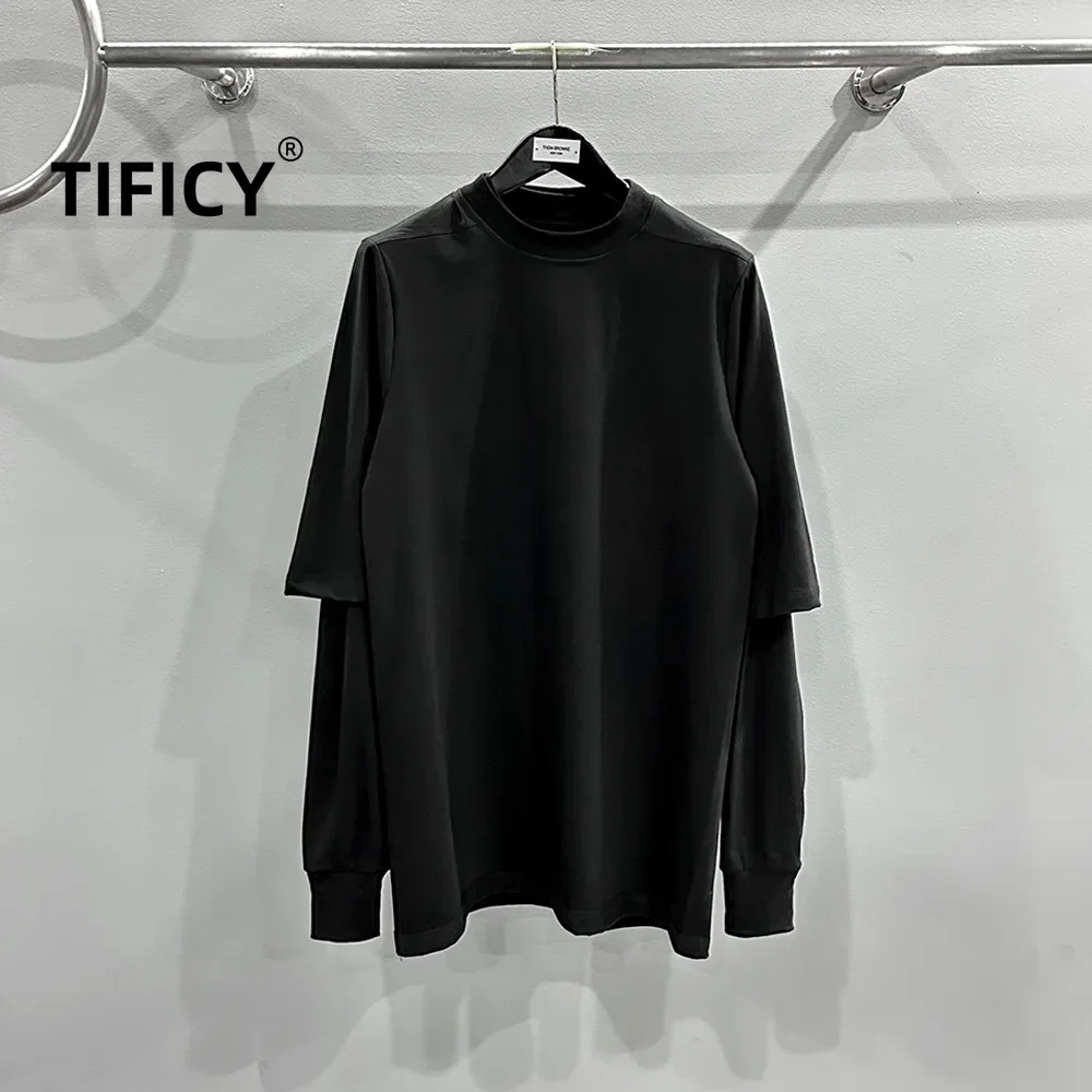 

TIFICY High Street Men's Spring and Summer Knitted Two-piece Design Double-layer Solid Color Splicing Loose Long Sleeved T-shirt