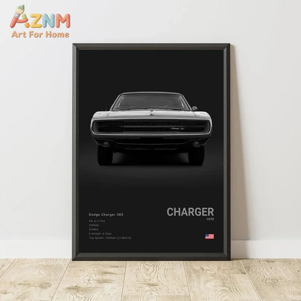 AZNM American Muscle Car Canvas Wall Art Dodge Charger Mustang Mach 1 Spec Poster Unframed Canvas Print for Garage Decor