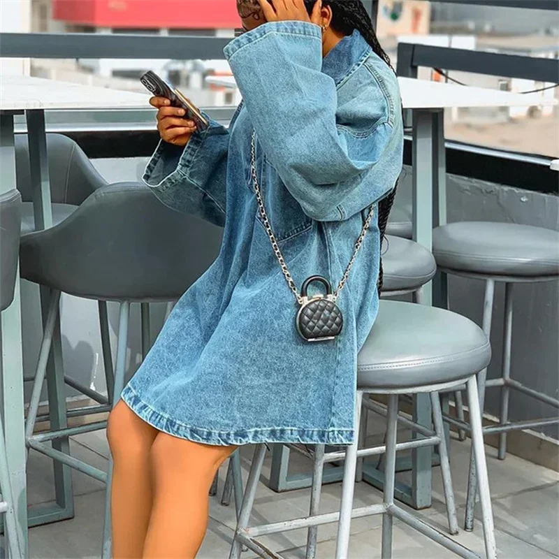 Women Zipper Splice Large Lapel Neck Dress Fashion Casual Commuter Loose Denim Gown Spring Autumn Long Sleeve Female Dresses New